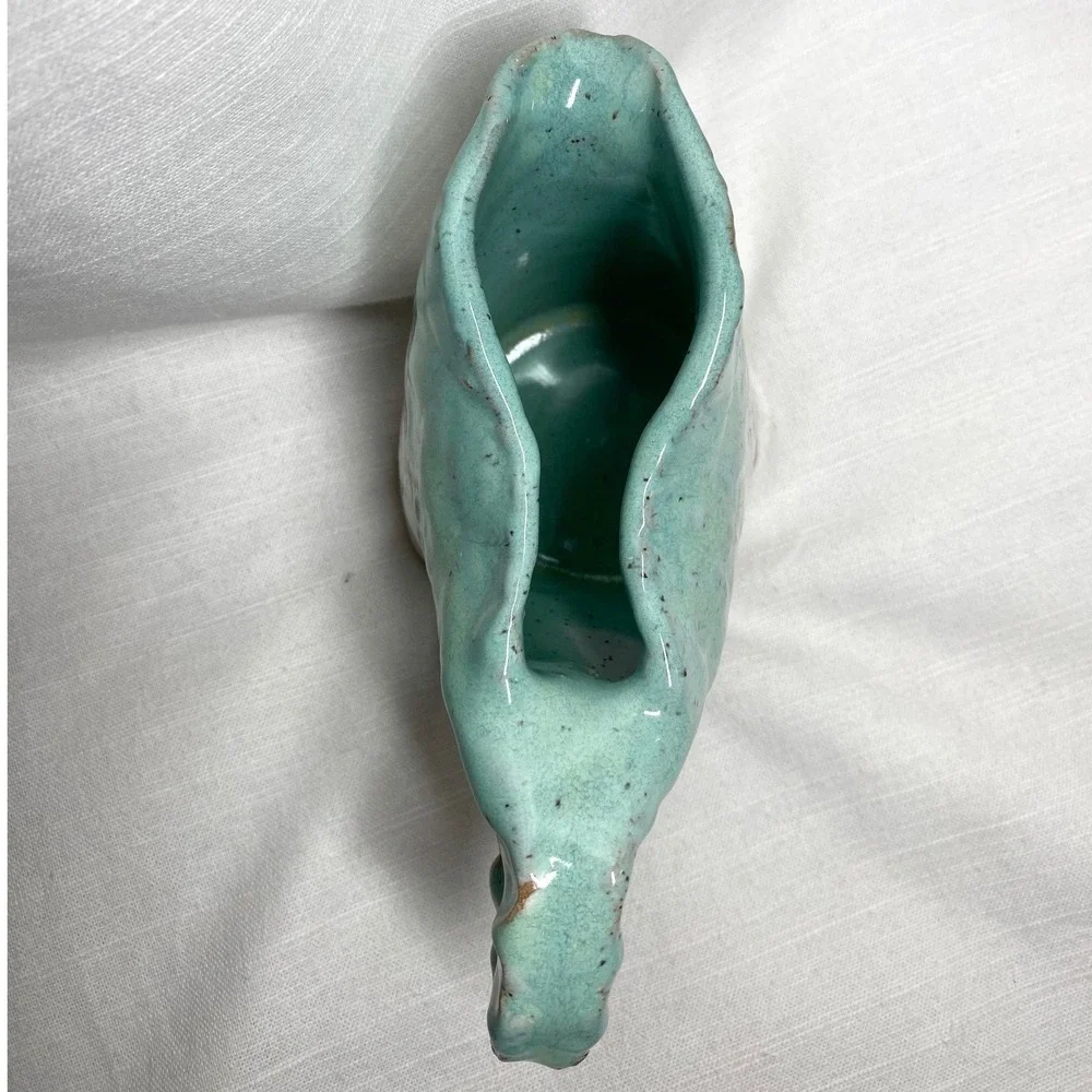 Signed Handmade Studio‎ Pottery Pitcher Aqua White Speckled Glaze Floral Texture